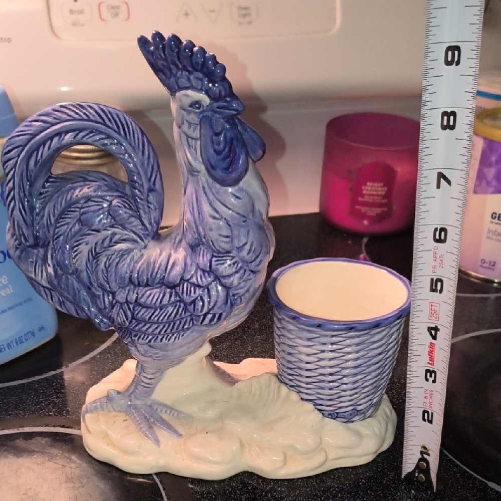 Blue Ceramic Rooster Planter with Cup Holder